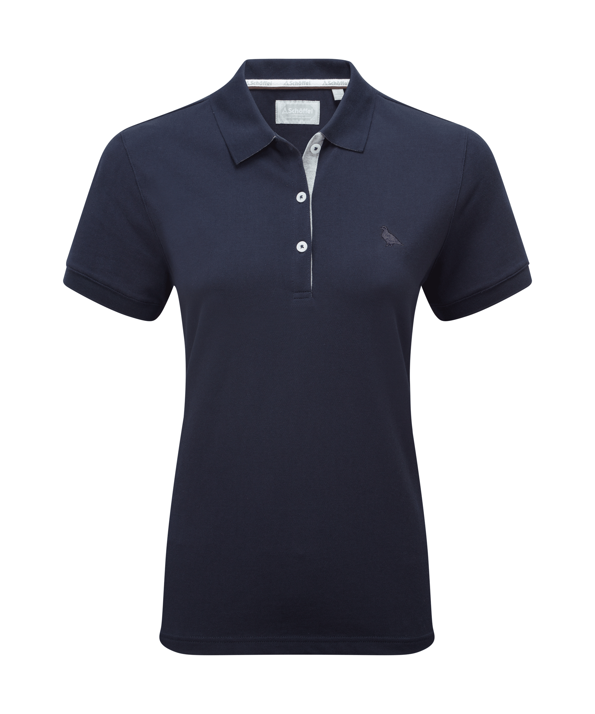 Schöffel St Ives women's polo shirt in navy blue, cutout front view showing fitted feminine cut, classic collar with logo tape trim, button placket, short sleeves, and embroidered pheasant motif on the chest.