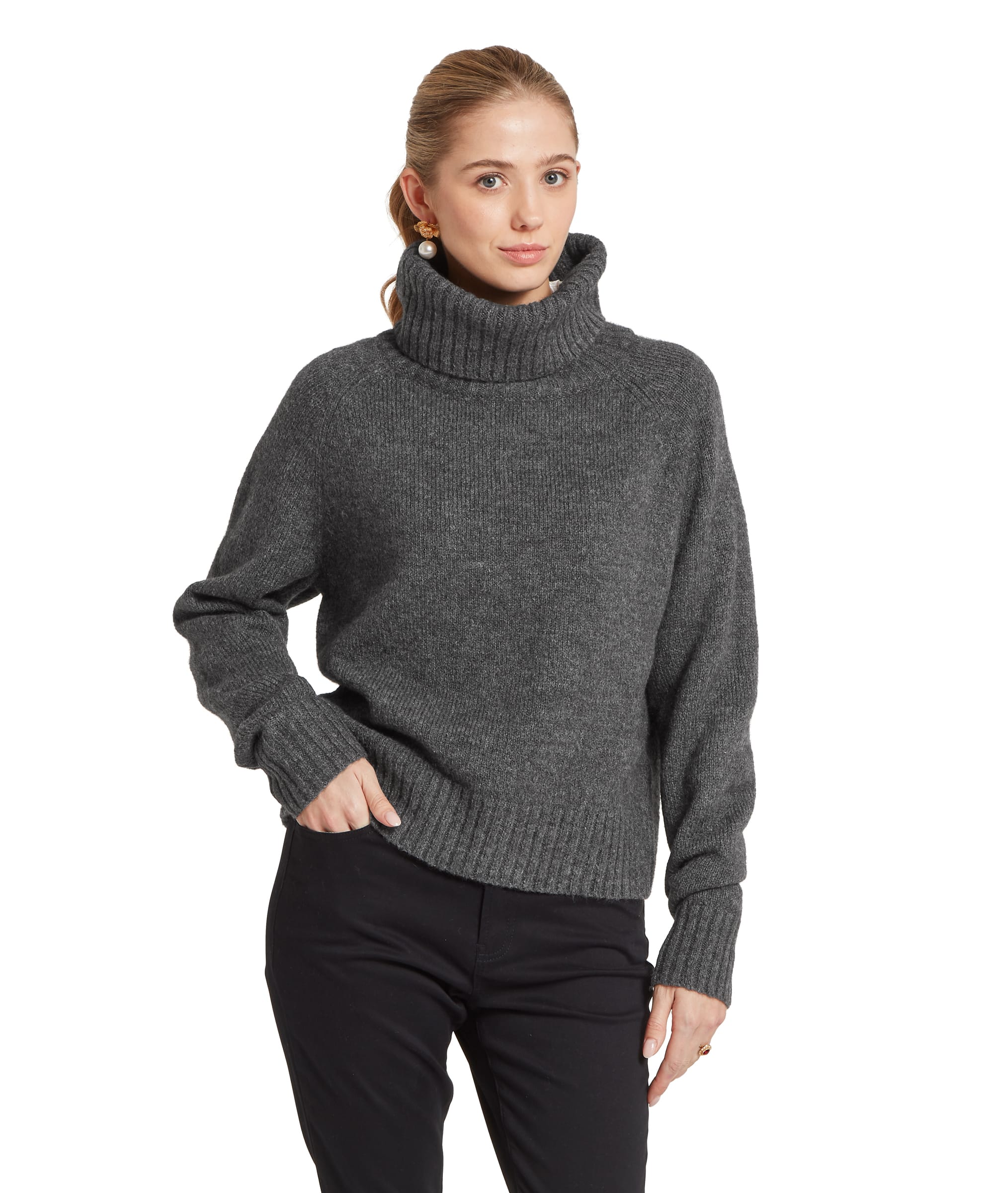 Schöffel Women's Sutton Roll Neck Jumper in Charcoal Grey — front view showing relaxed ribbed knit, oversized roll neck and raglan sleeves, styled with black trousers