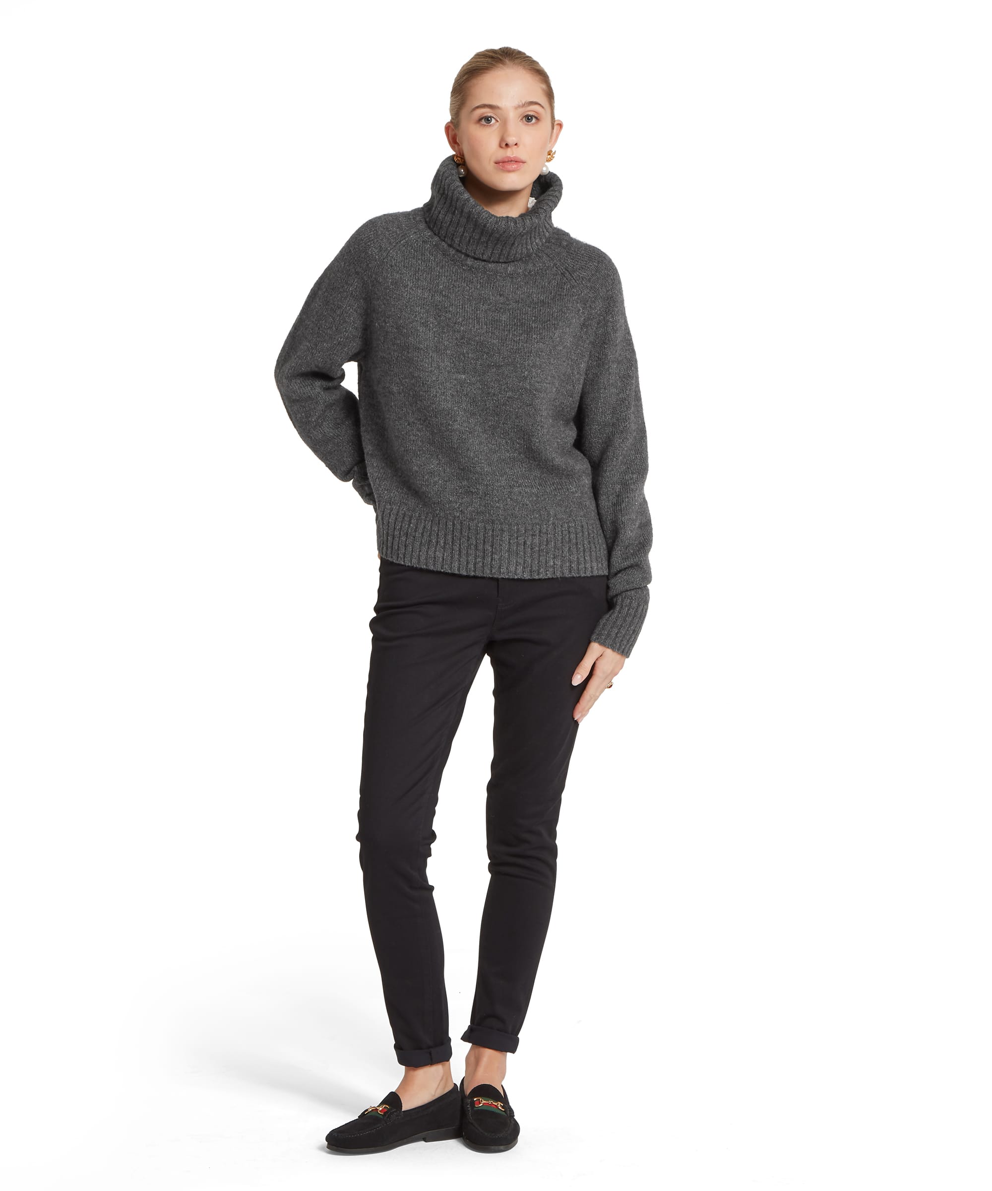 Schöffel Women's Sutton Roll Neck Jumper in Charcoal Grey — full-length front view styled with slim black trousers and horsebit loafers for a refined country look