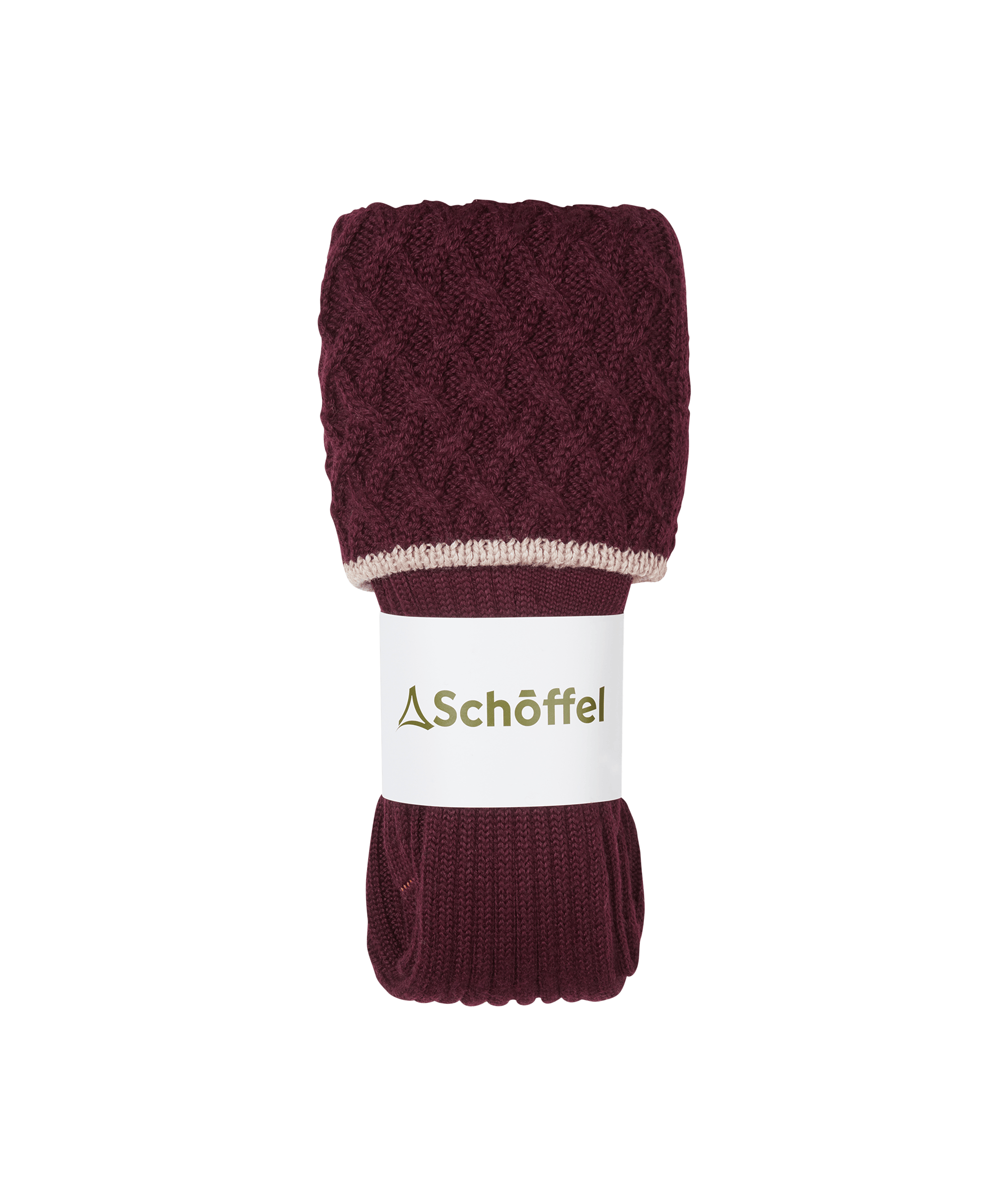 Maroon cable-knit sock with a white label featuring Schöffel logo on a white background
