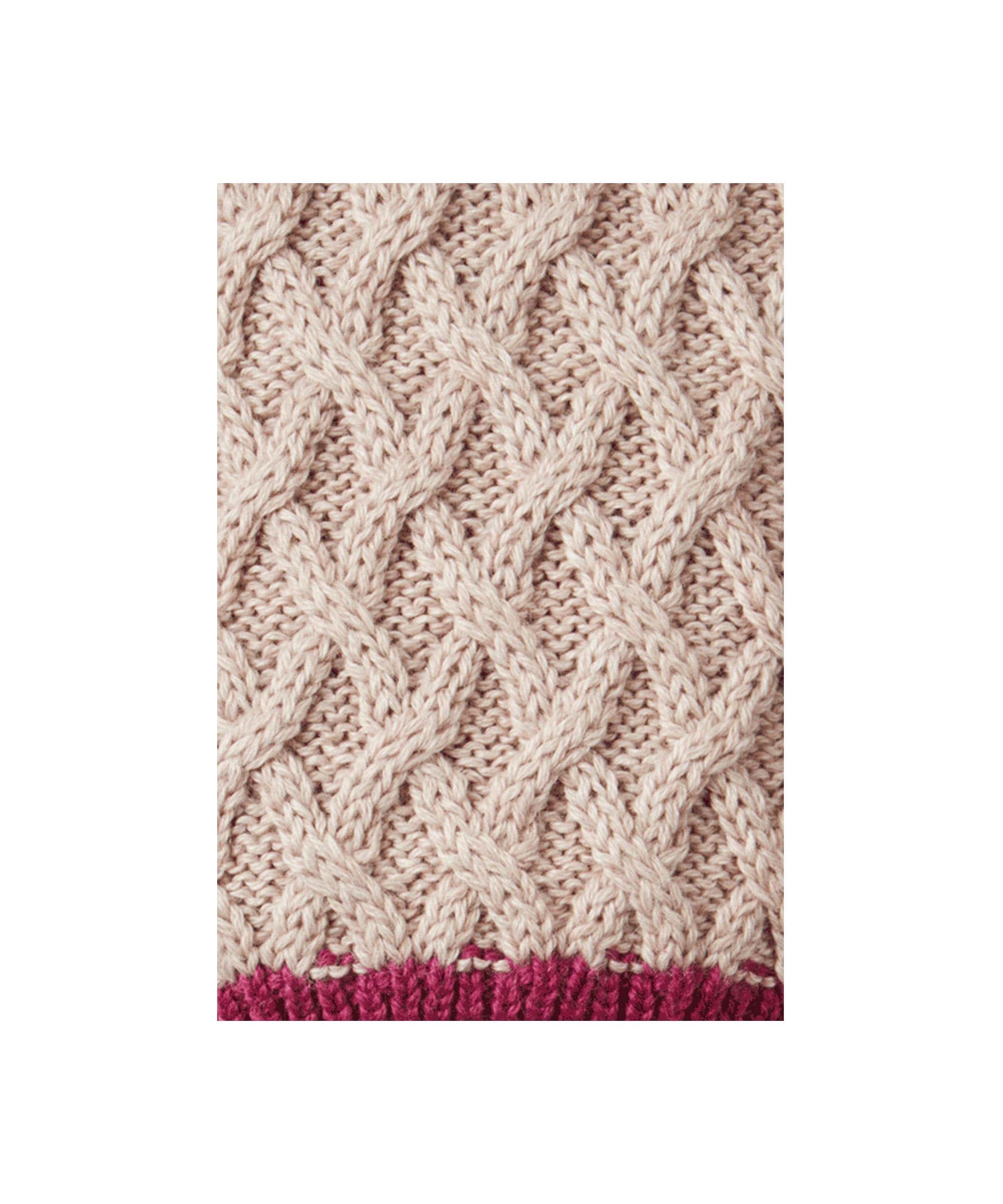 Schöffel Women's Teal Sock in Beige with cable knit pattern and contrast berry pink welt close-up detail.