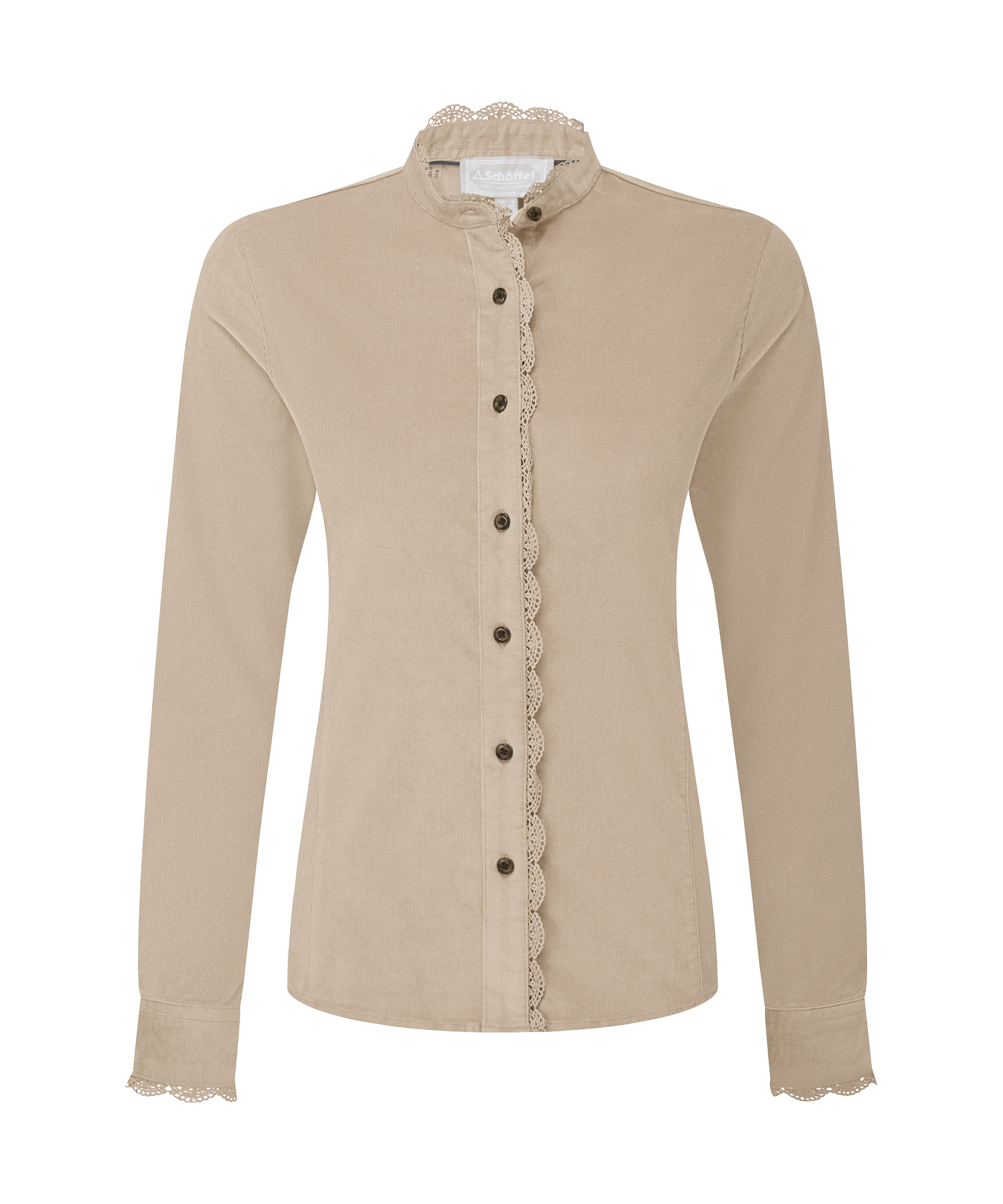 Schoffel beige blouse with lace details on a white background