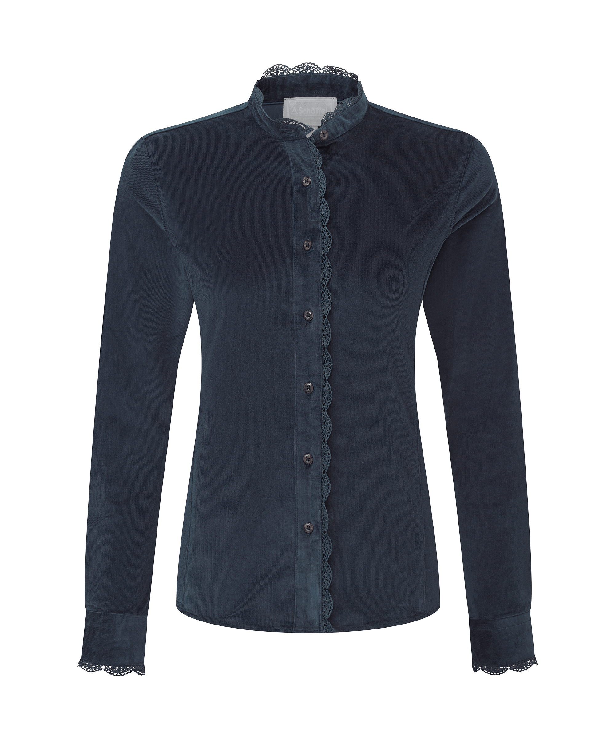 Schöffel Women's Thetford Cord Shirt in Blue — fitted fine-cord shirt in deep petrol blue with a lace-trim placket, delicate frill collar and horn-effect buttons, a beautifully detailed country classic