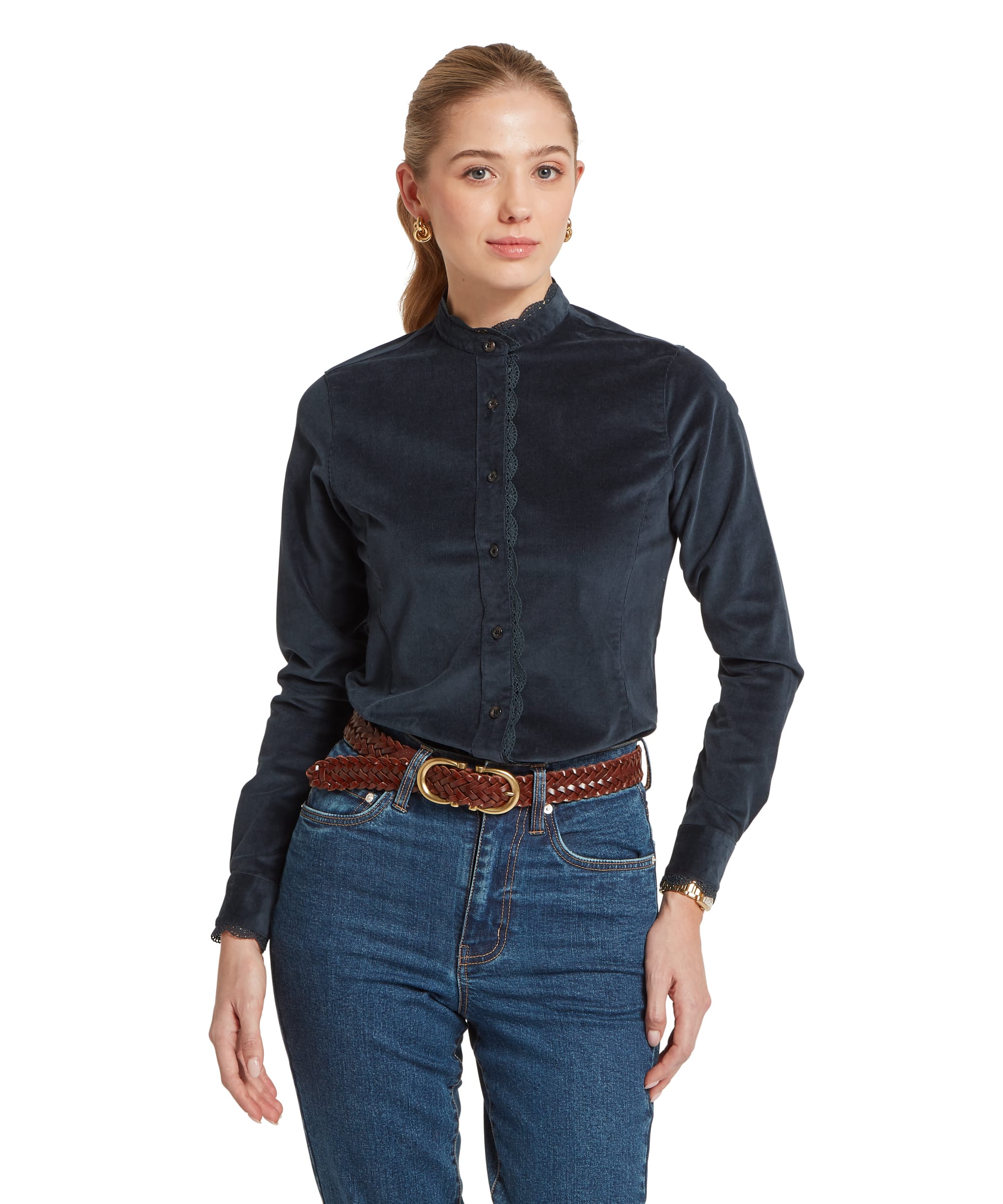 Women's Schöffel Thetford Cord Shirt in midnight navy cord, with a delicate lace-trimmed standing collar and matching lace placket detail, styled with blue jeans and a tan plaited belt.