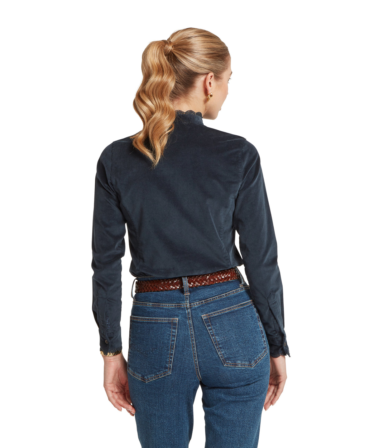 Model wearing the Schöffel Thetford Cord Shirt in Blue, delicate lace collar trim