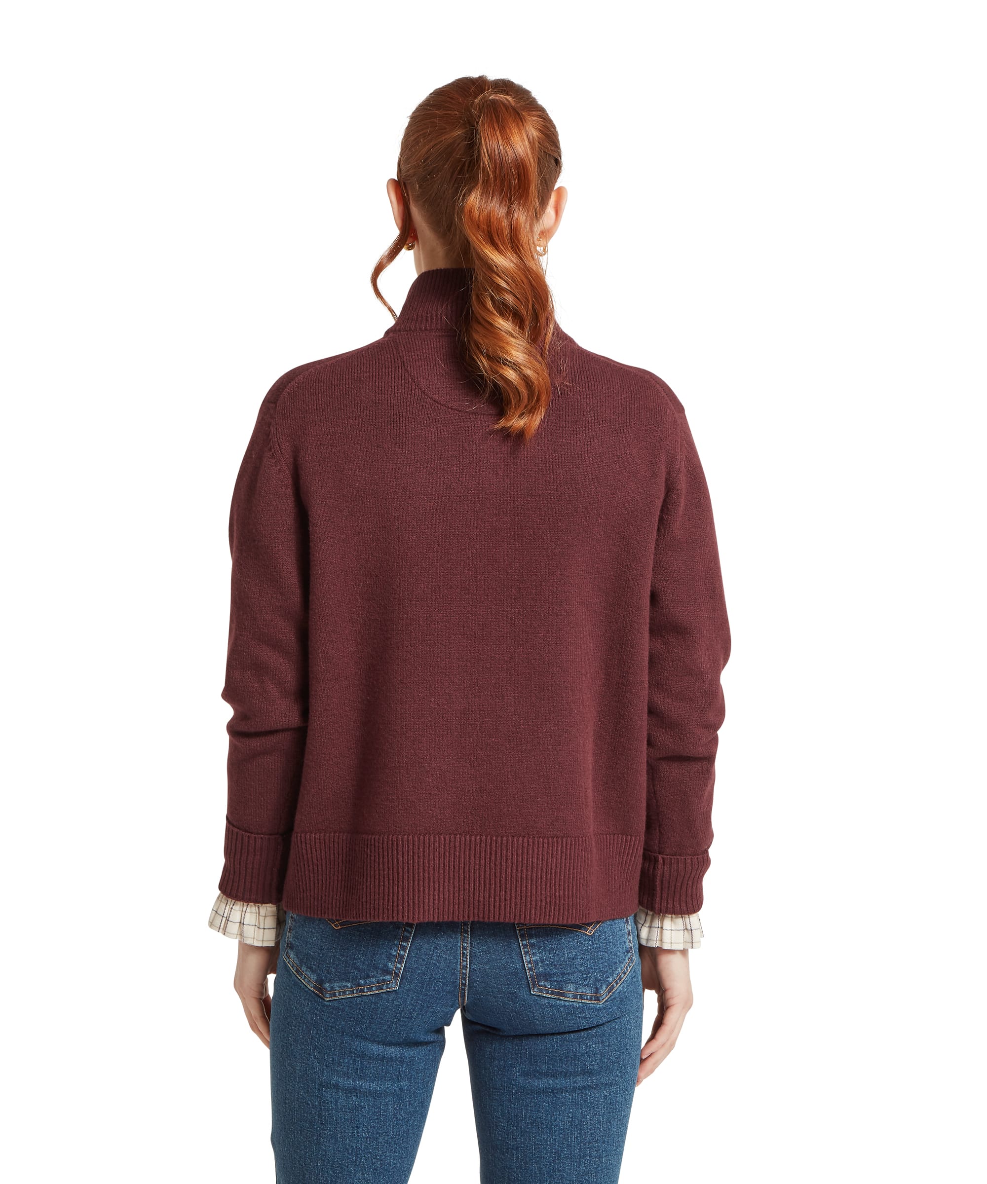 Schöffel Women's Thoralby 1/4 Zip Jumper in burgundy red, rear view highlighting the relaxed boxy fit, ribbed hem and check shirt layered underneath