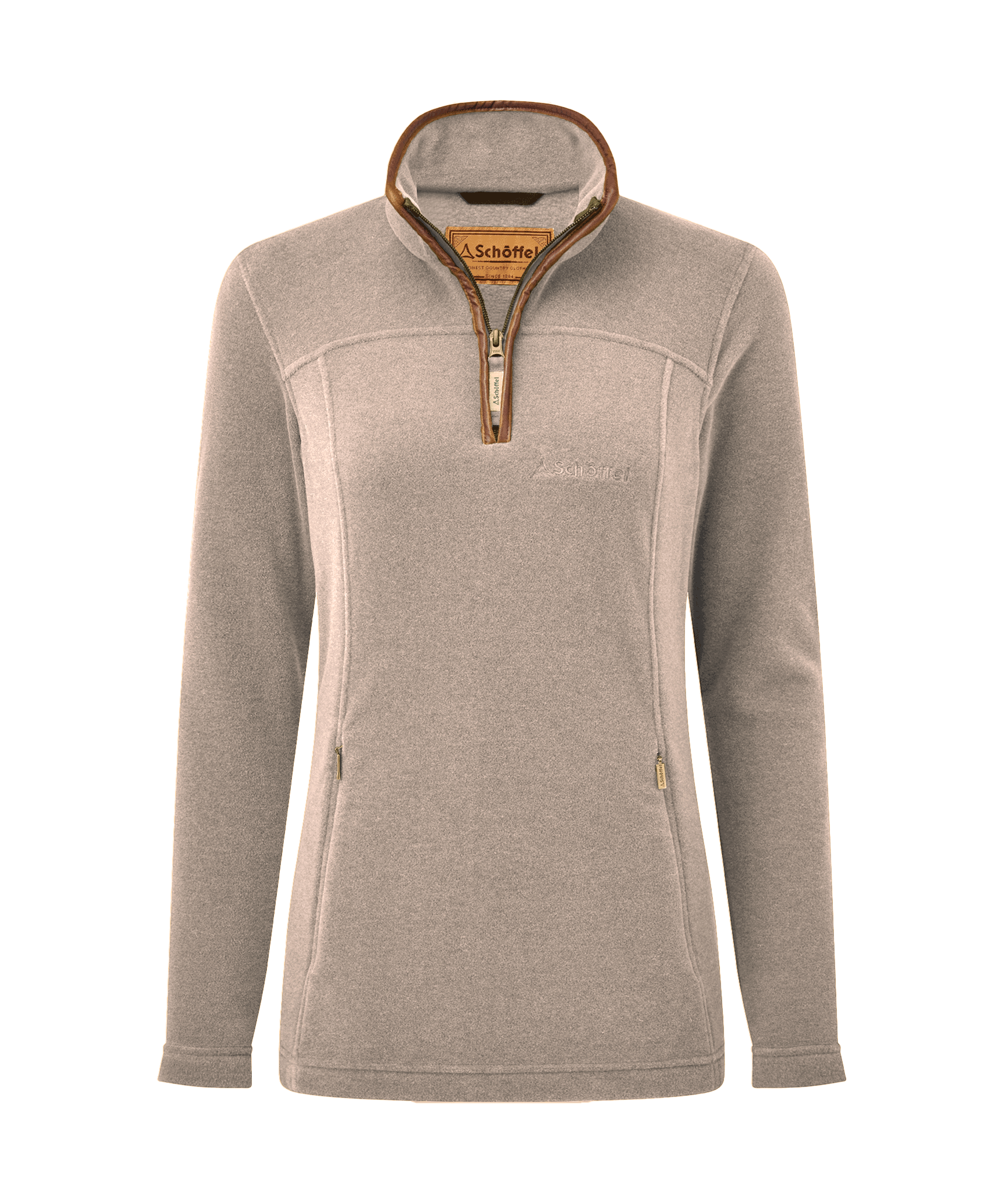 Schöffel women's quarter-zip fleece in warm oatmeal with tan leather zip trim