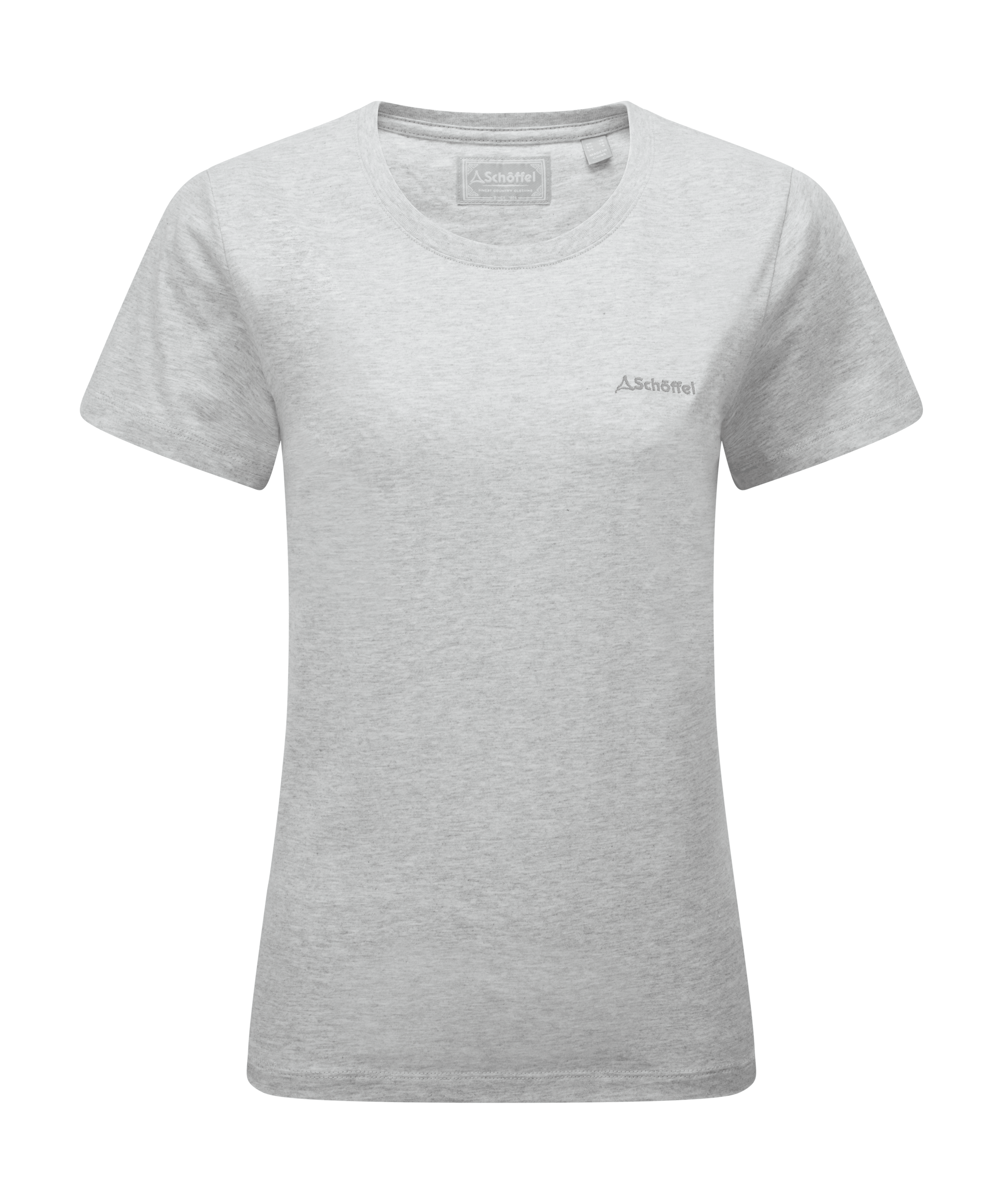 A light grey crewneck t-shirt with a small grey embroidered 'Schoffel' logo on the left chest, displayed on a clean white background.