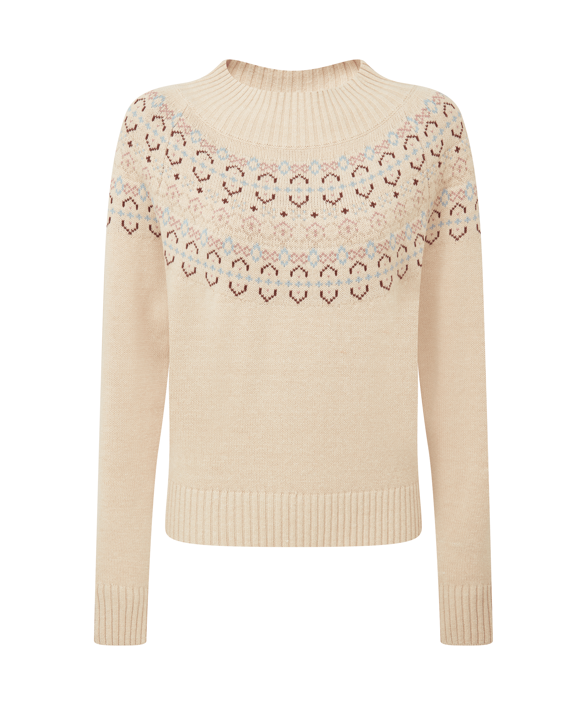 Beige sweater with intricate pattern on a white background