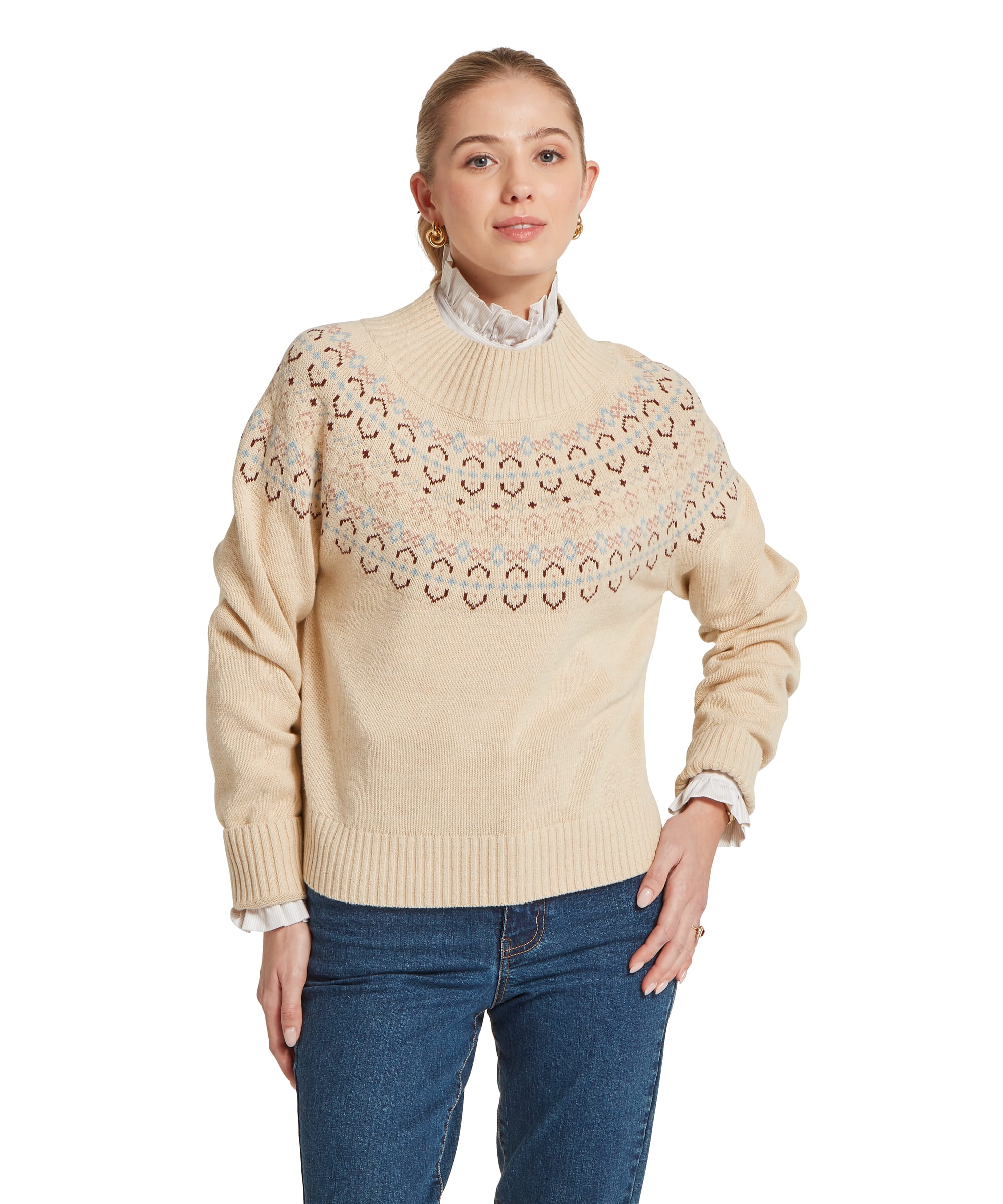 Women's Schöffel Tresness Fair Isle Jumper in oatmeal cream with a decorative yoke Fair Isle pattern in cornflower blue, dusky pink and chocolate brown, with a ribbed mock neck, relaxed fit and deep ribbed hem, layered over a white frill-collar shirt with blue denim jeans.