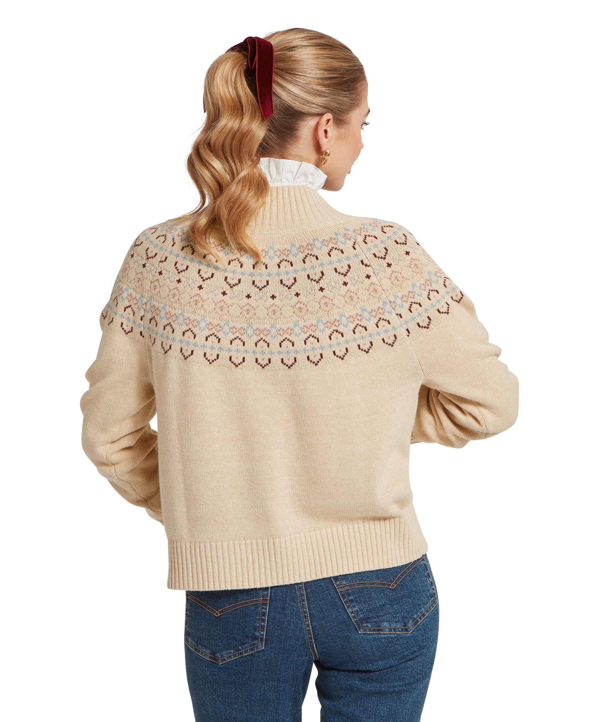 Schöffel Women's Tresness Fair Isle Jumper in cream, rear view showcasing the intricate fairisle yoke in dusty blue, pink and burgundy tones, with ribbed hem and cuffs, worn with blue jeans