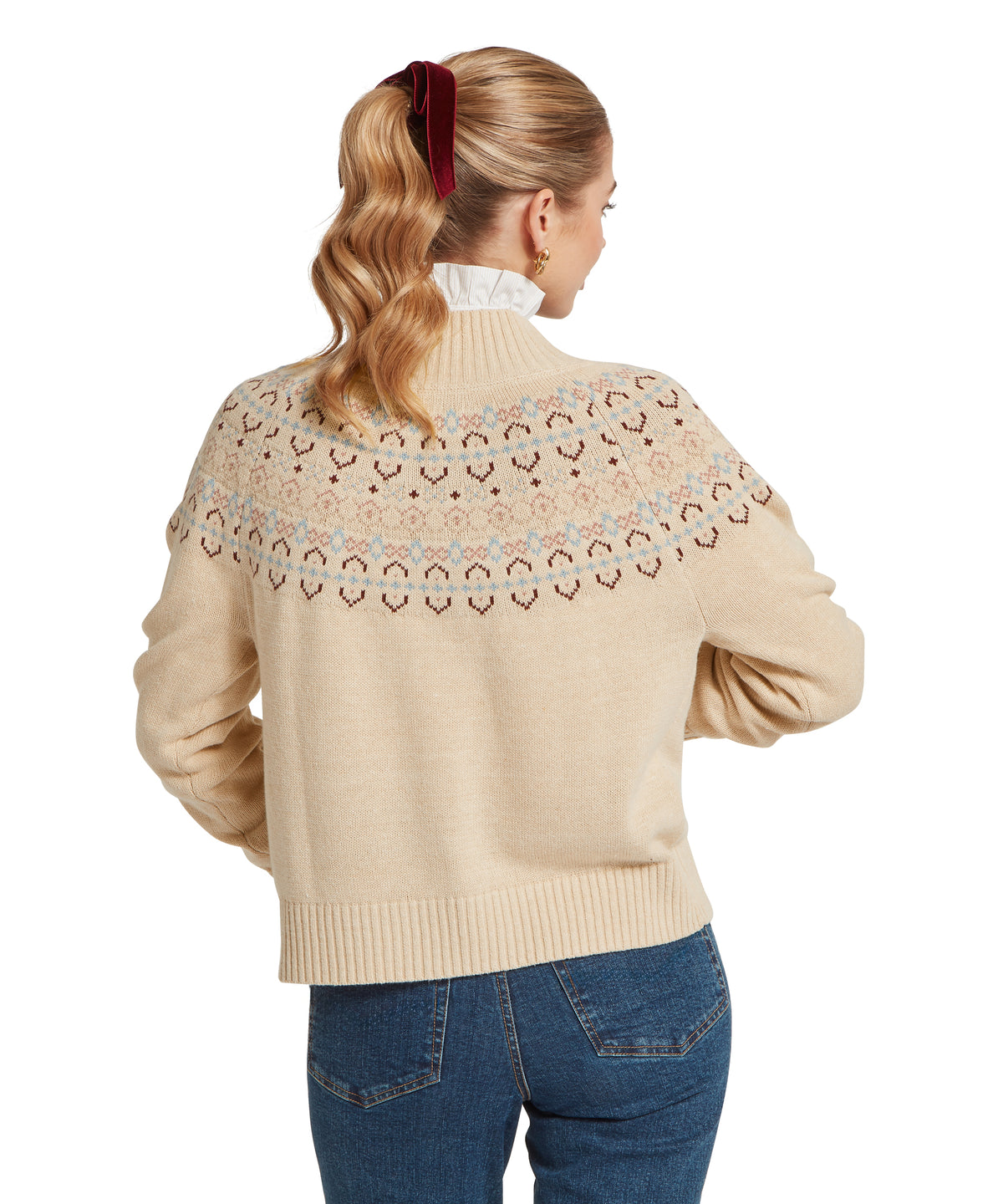 Beige knit Tresness Fairisle jumper with high collar and intricate heart-patterned yoke in muted
