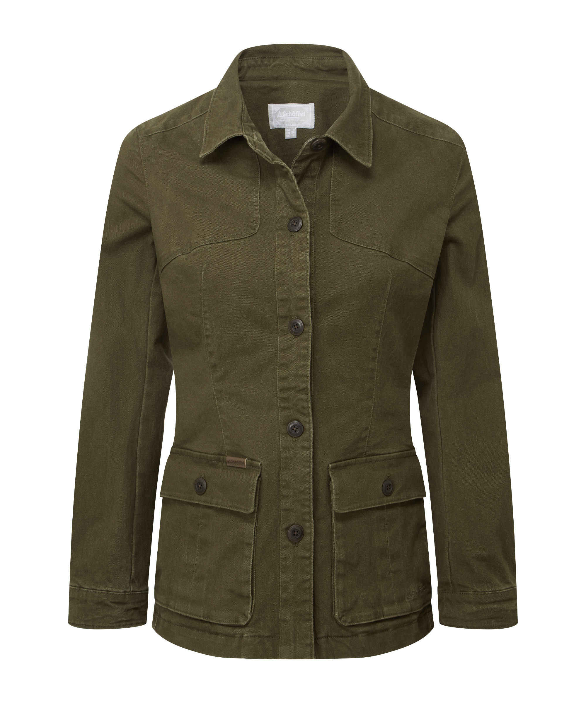 Green jacket with button details on a white background